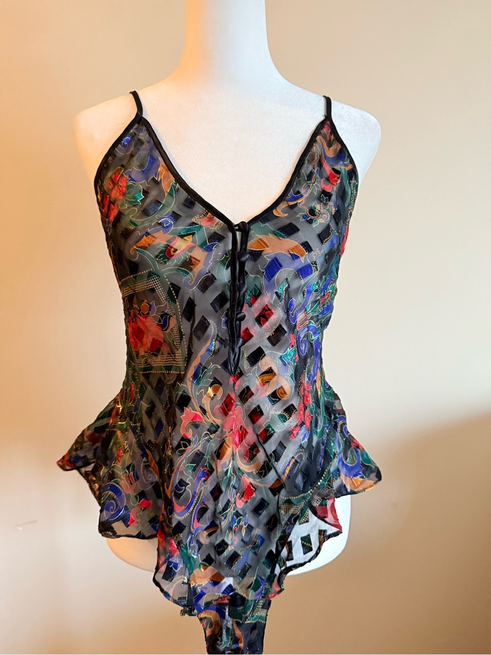 Victoria's Secret Black Sheer Floral-Print Camisole with Multicolor Accents